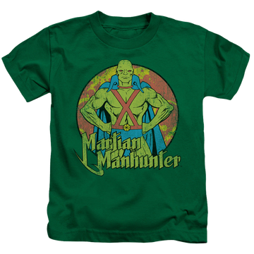 Kelly green kid's t-shirt for ages 4 to 7 with Martian Manhunter graphic