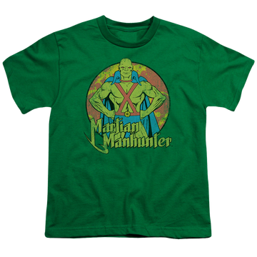Kelly green youth t-shirt for ages 8 to 12 with Martian Manhunter graphic