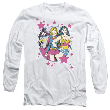 White men's long sleeve t-shirt with Justice League DC Comics We Are Superior graphic