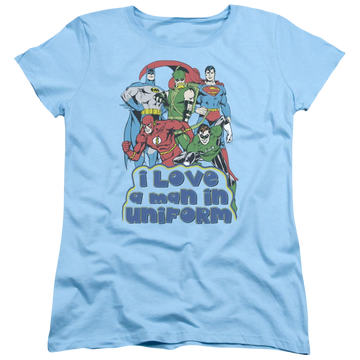 Light blue women's t-shirt with Justice League DC Comics I Love A Man In Uniform graphic