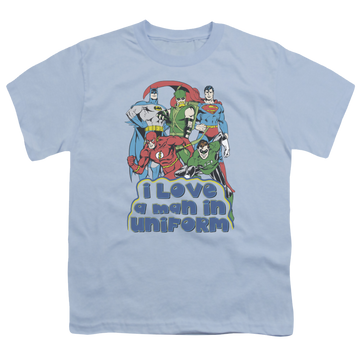 Light blue youth t-shirt for ages 8 to 12 with Justice League I Love A Man In Uniform graphic