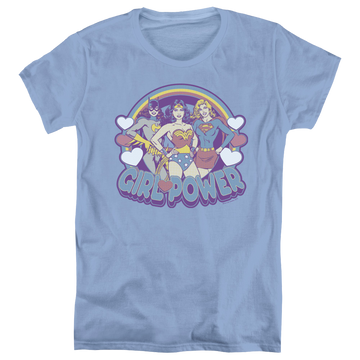 Carolina blue women's t-shirt with Justice League Retro Girl Power graphic