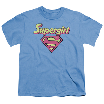 Carolina blue youth t-shirt for ages 8 to 12 with Superman Supergirl Im A Supergirl graphic