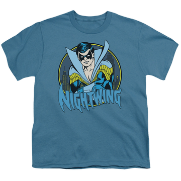 Slate youth t-shirt for ages 8 to 12 with Nightwing graphic