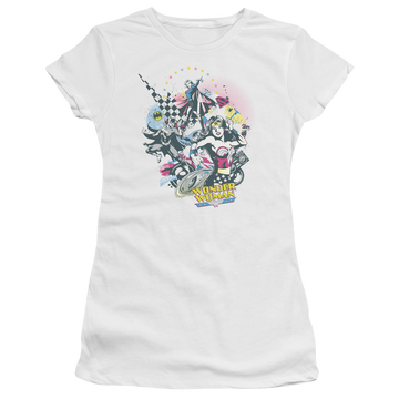White juniors t-shirt with Justice League DC Comics Power Trio graphic