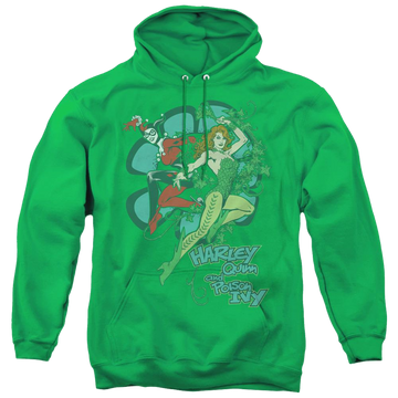 Kelly green pullover hoodie with Harley Quinn Harley And Ivy graphic