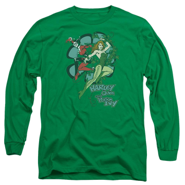 Kelly green men's long sleeve t-shirt with Harley Quinn DC Comics Harley And Ivy graphic