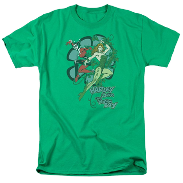 Kelly green men's regular fit t-shirt with Harley Quinn DC Comics Harley And Ivy graphic