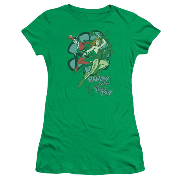 Kelly green juniors t-shirt with Harley Quinn DC Comics Harley And Ivy graphic
