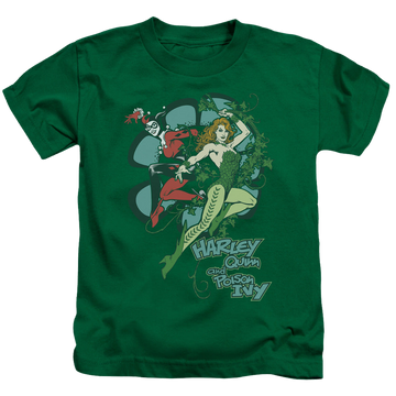 Kelly green kid's t-shirt for ages 4 to 7 with Harley Quinn Harley And Ivy graphic