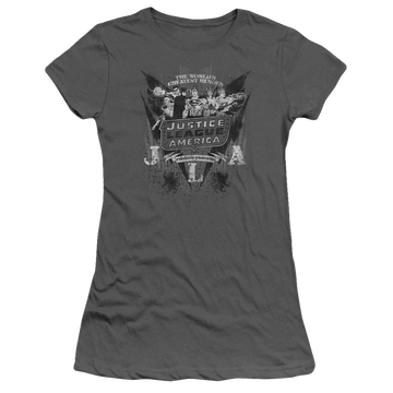 Charcoal juniors t-shirt with Justice League DC Comics Greatest Heroes graphic