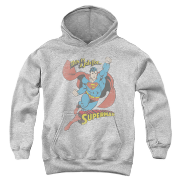 Athletic heather youth hoodie for ages 8 to 12 with Superman On The Job graphic
