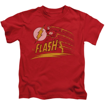 Red kid's t-shirt for ages 4 to 7 with The Flash Like Lightning graphic