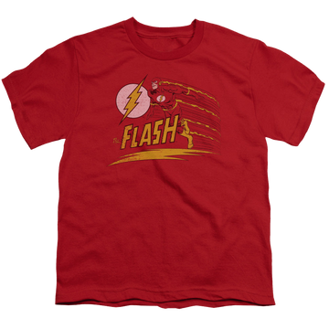 Red youth t-shirt for ages 8 to 12 with The Flash Like Lightning graphic