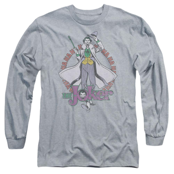 Athletic heather men's long sleeve t-shirt with Joker DC Comics Maniacal graphic