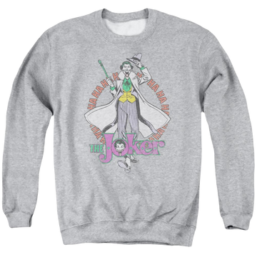 Athletic heather men's crewneck sweatshirt with Joker DC Comics Maniacal graphic
