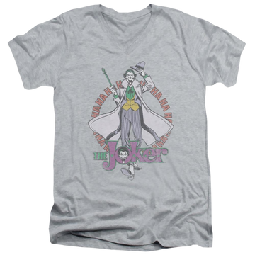 Athletic heather men's v-neck t-shirt with Joker DC Comics Maniacal graphic