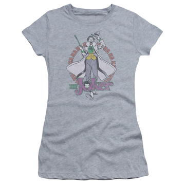 Athletic heather juniors t-shirt with Joker DC Comics Maniacal graphic