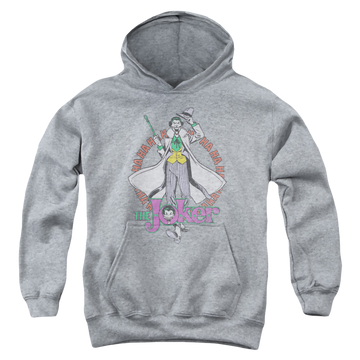 Athletic heather youth hoodie for ages 8 to 12 with Joker Maniacal graphic