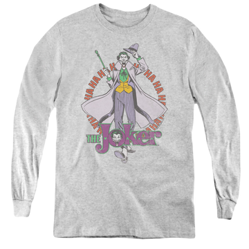 Athletic heather youth long sleeve t-shirt with Joker Maniacal graphic