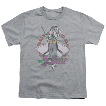 Athletic heather youth t-shirt for ages 8 to 12 with Joker Maniacal graphic