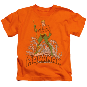 Orange kid's t-shirt for ages 4 to 7 with Aquaman Distressed graphic