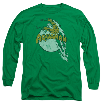 Kelly green men's long sleeve t-shirt with Aquaman Splash graphic
