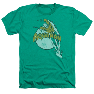 Kelly green men's heather t-shirt with Aquaman Splash graphic