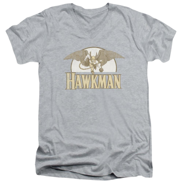 Athletic heather men's v-neck t-shirt with Hawkman DC Comics Fly By graphic
