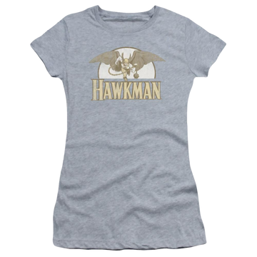 Athletic heather juniors t-shirt with Hawkman DC Comics Fly By graphic