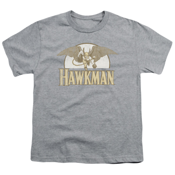 Athletic heather youth t-shirt for ages 8 to 12 with Hawkman Fly By graphic