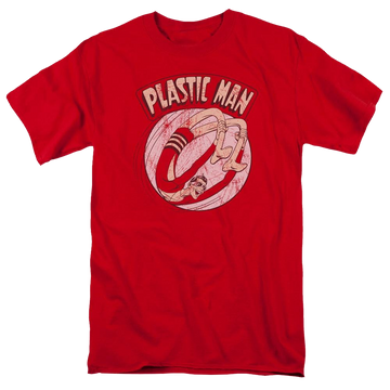 Red men's regular fit t-shirt with Plastic Man DC Comics Bounce graphic