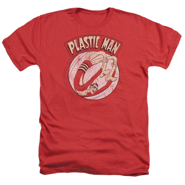 Red men's heather t-shirt with Plastic Man DC Comics Bounce graphic