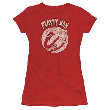Red juniors t-shirt with Plastic Man DC Comics Bounce graphic