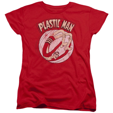 Red women's t-shirt with Plastic Man DC Comics Bounce graphic