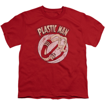 Red youth t-shirt for ages 8 to 12 with Plastic Man Bounce graphic