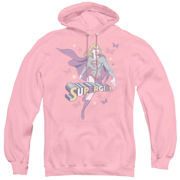 Pink pullover hoodie with Superman Supergirl Pastels graphic