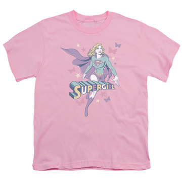 Pink youth t-shirt for ages 8 to 12 with Superman Supergirl Pastels graphic