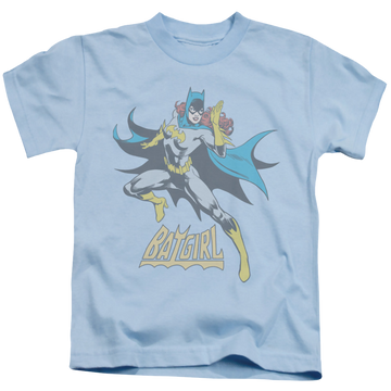 Light blue kid's t-shirt for ages 4 to 7 with Batman Batgirl See Ya graphic