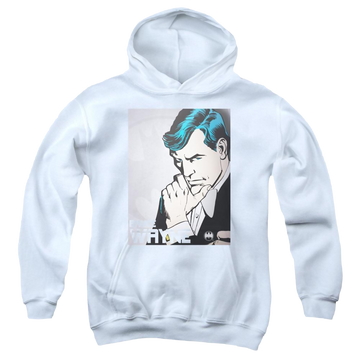 White youth hoodie for ages 8 to 12 with Dc Batman Bruce Wayne graphic
