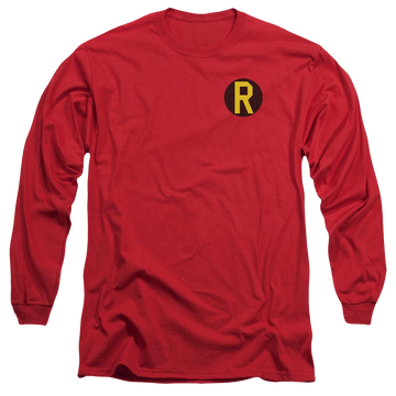 Red men's long sleeve t-shirt with Batman DC Comics Robin Logo graphic