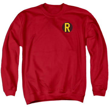 Red men's crewneck sweatshirt with Batman DC Comics Robin Logo graphic
