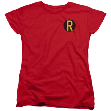 Red women's t-shirt with Batman DC Comics Robin Logo graphic