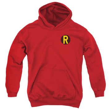 Red youth hoodie for ages 8 to 12 with Batman Robin Logo graphic