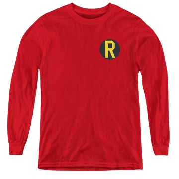 Red youth long sleeve t-shirt with Batman Robin Logo graphic