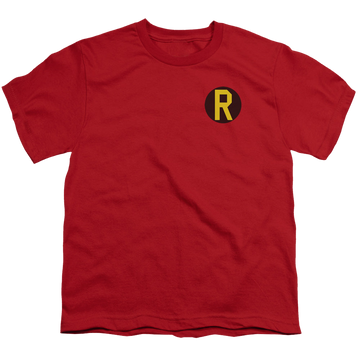 Red youth t-shirt for ages 8 to 12 with Batman Robin Logo graphic