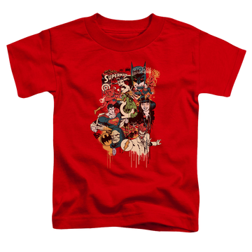 Red toddler t-shirt with Justice League Dripping Characters graphic