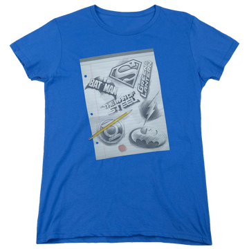 Royal women's t-shirt with Justice League DC Comics Logo Note Paper graphic