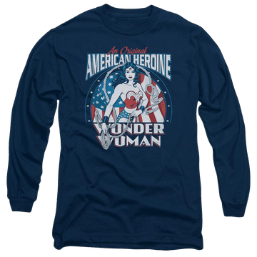 Navy men's long sleeve t-shirt with Wonder Woman DC Comics American Heroine graphic