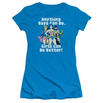 Turquoise juniors t-shirt with Justice League DC Comics Girls Can Do It Better graphic